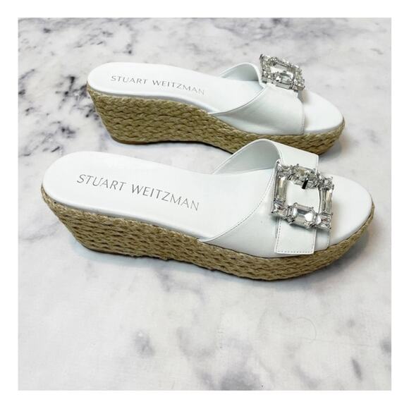 Stuart Weitzman Saint Tropez Crystal Buckle Slide Espadrille Wedge Sandals NWOB - Picture 3 of 12